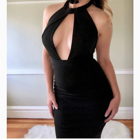 LBD Sexy Halter Backless Fitted Wiggle Cocktail Dress, Midi, Black, small - Picture 1 of 8